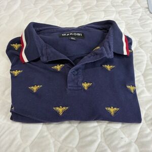 MAKOBI XL Polo Shirt Gold Bee‎ Embroidery Red White Striped Trim Short Sleeve